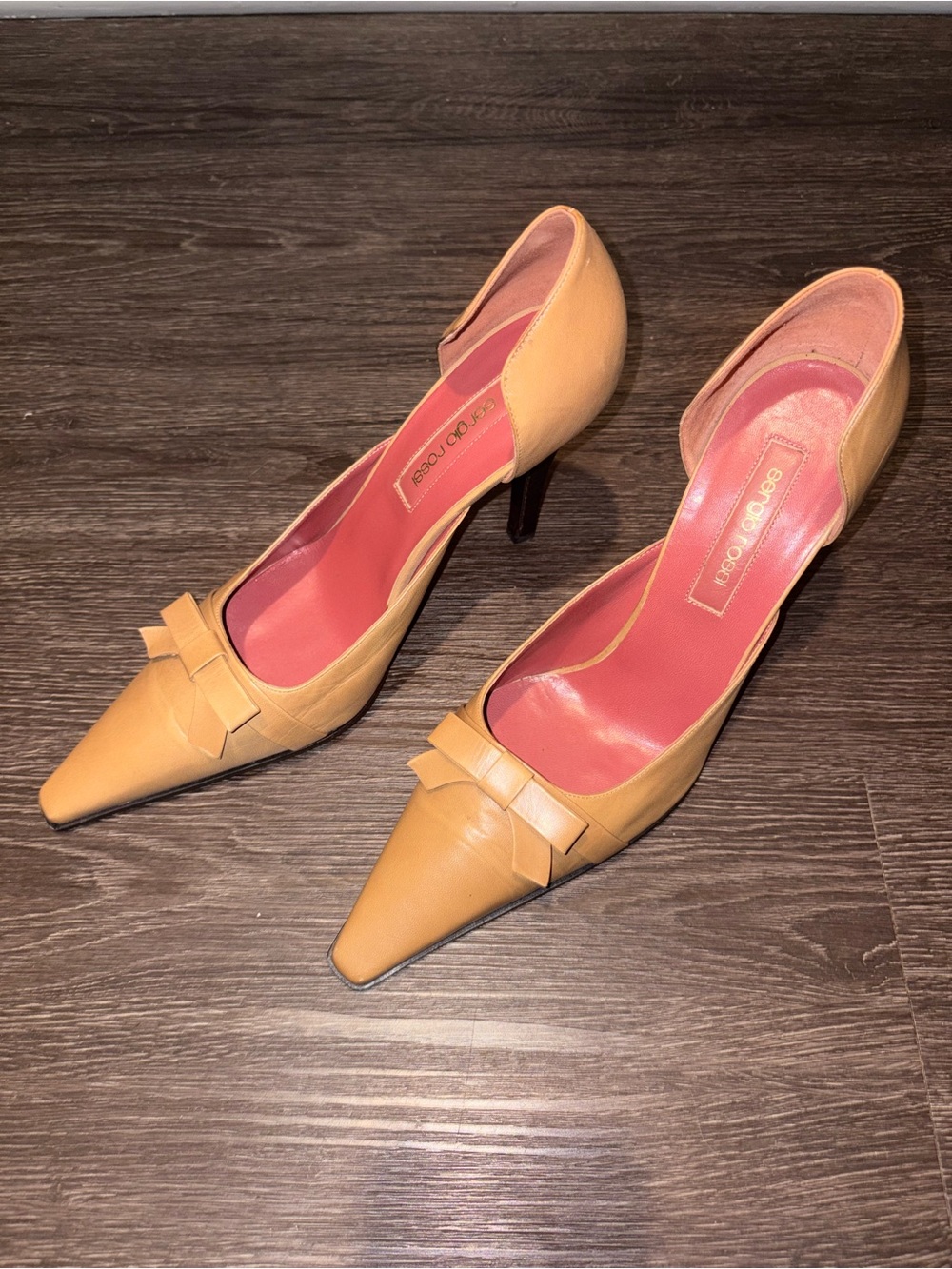 Sergio Rossi Tan Pointed-Toe Bow Pumps